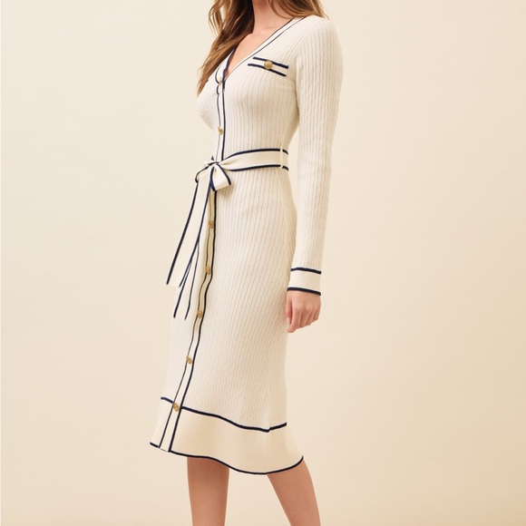 Pointelle Knit V-Neck Midi Ivory Dress - Picture 9 of 16
